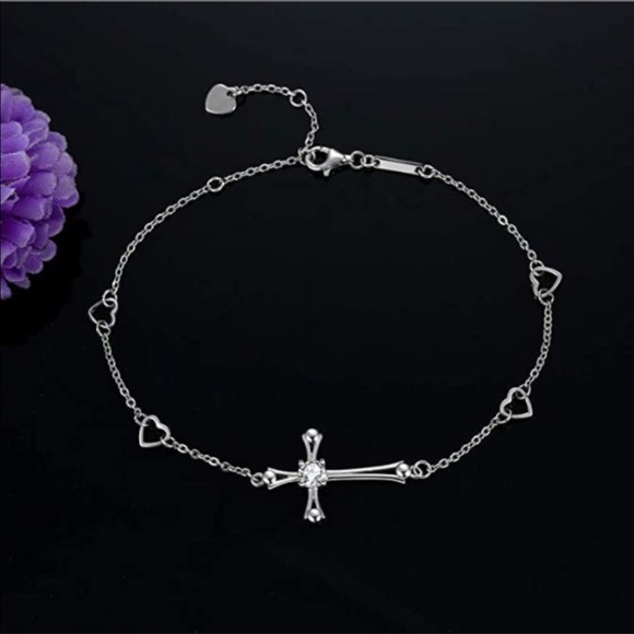 Sterling Silver CZ Cross Charm Anklet - Picture 3 of 5